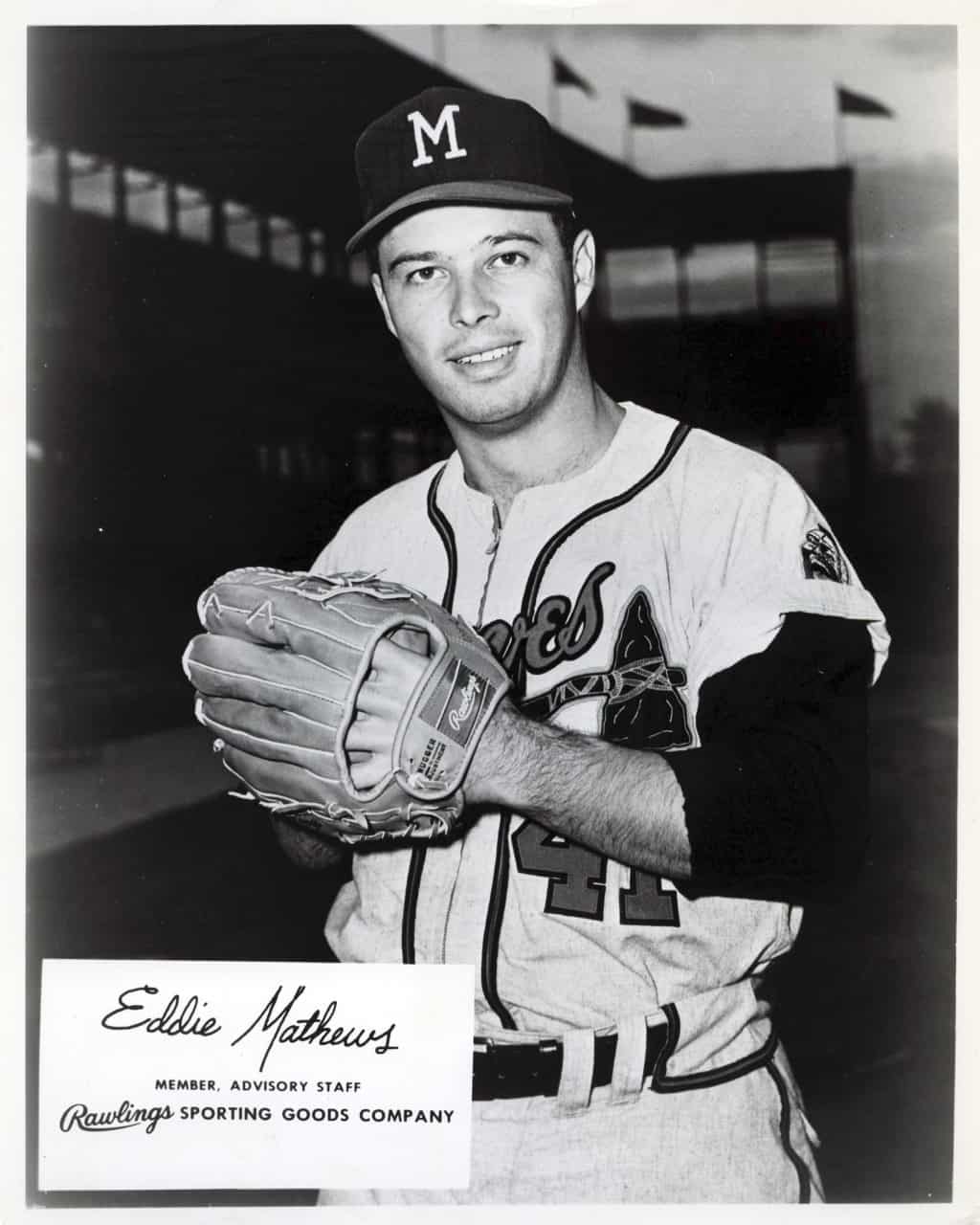 Eddie Matthews - Atlanta Braves - upper body front on glove - B/W - MatthewsEddie-3046.jpg - 8x10