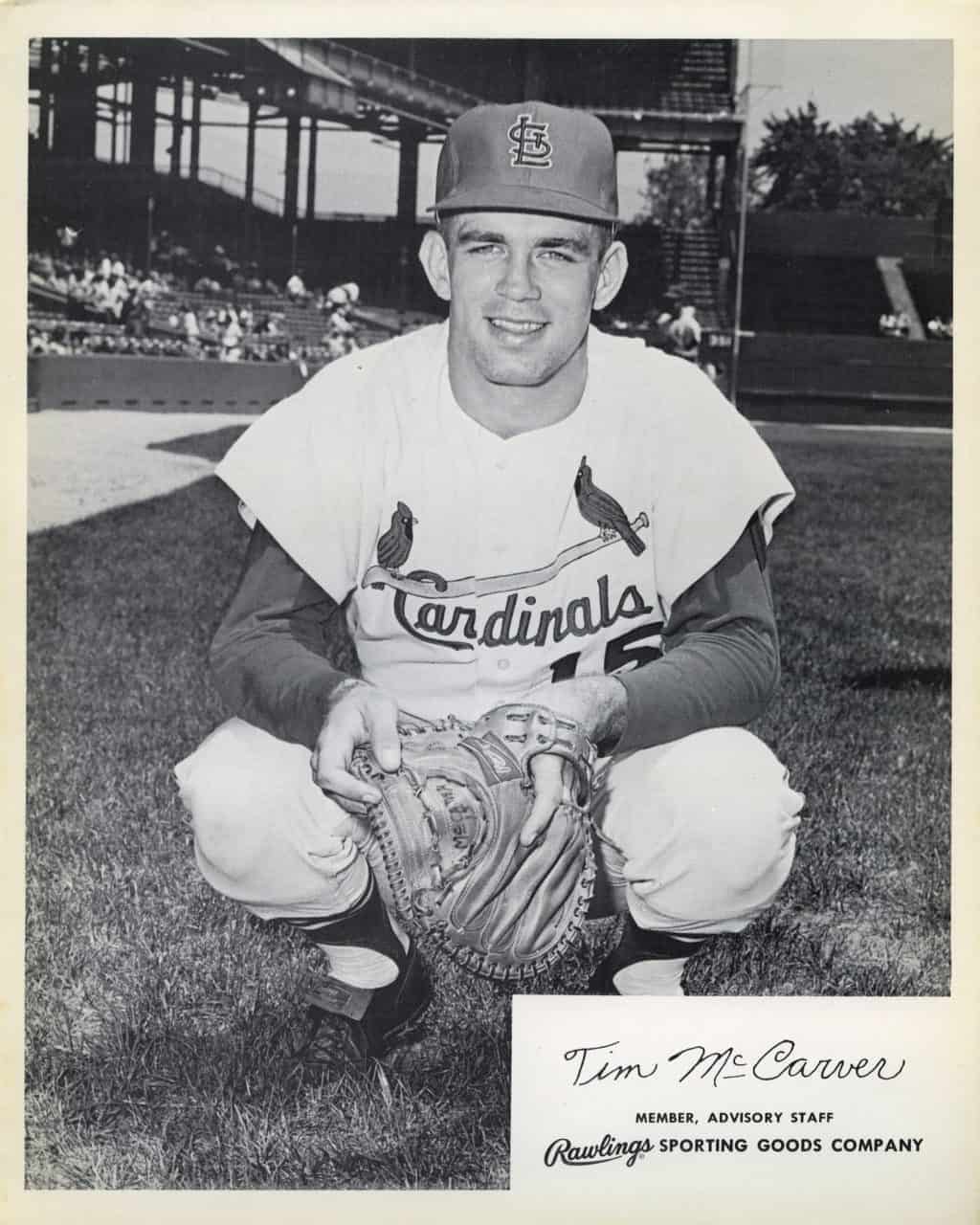 Tim McCarver - St. Louis Cardinals - catching crouch - B/W - McCarverTim051.jpg - 8x10