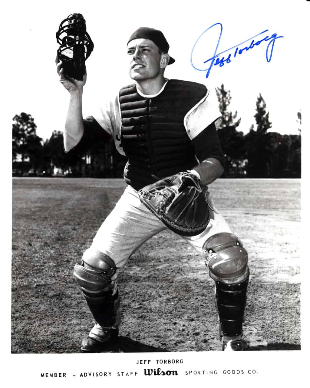 Jeff Torborg - Los Angeles Dodgers - holding mask - B/W - TorborgJeff860.jpg - 8x10